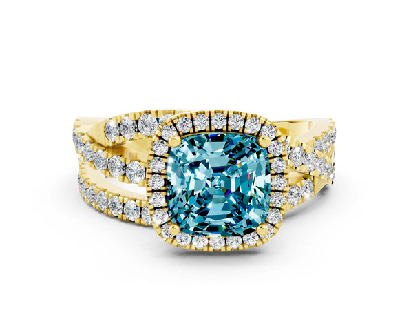 Yellow gold Cushion Cut Blue Topaz Halo Ring with Round Split Shank and Prong Setting