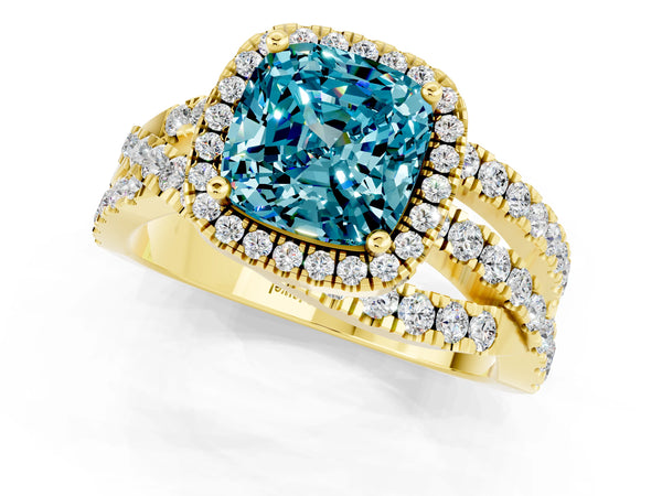 Yellow gold Cushion Cut Blue Topaz Halo Ring with Round Split Shank and Prong Setting