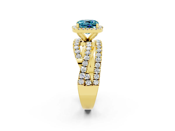 Yellow gold Cushion Cut Blue Topaz Halo Ring with Round Split Shank and Prong Setting