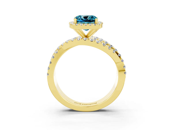 Yellow gold Cushion Cut Blue Topaz Halo Ring with Round Split Shank and Prong Setting