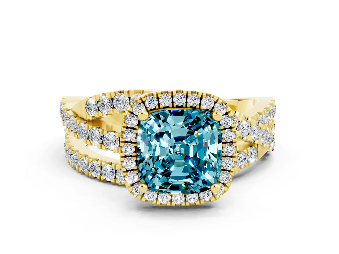 Yellow gold Cushion Cut Blue Topaz Halo Ring with Round Split Shank and Prong Setting_48