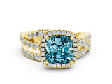 Yellow gold Cushion Cut Blue Topaz Halo Ring with Round Split Shank and Prong Setting_48