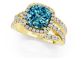 Yellow gold Cushion Cut Blue Topaz Halo Ring with Round Split Shank and Prong Setting_49