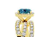 Yellow gold Cushion Cut Blue Topaz Halo Ring with Round Split Shank and Prong Setting_53