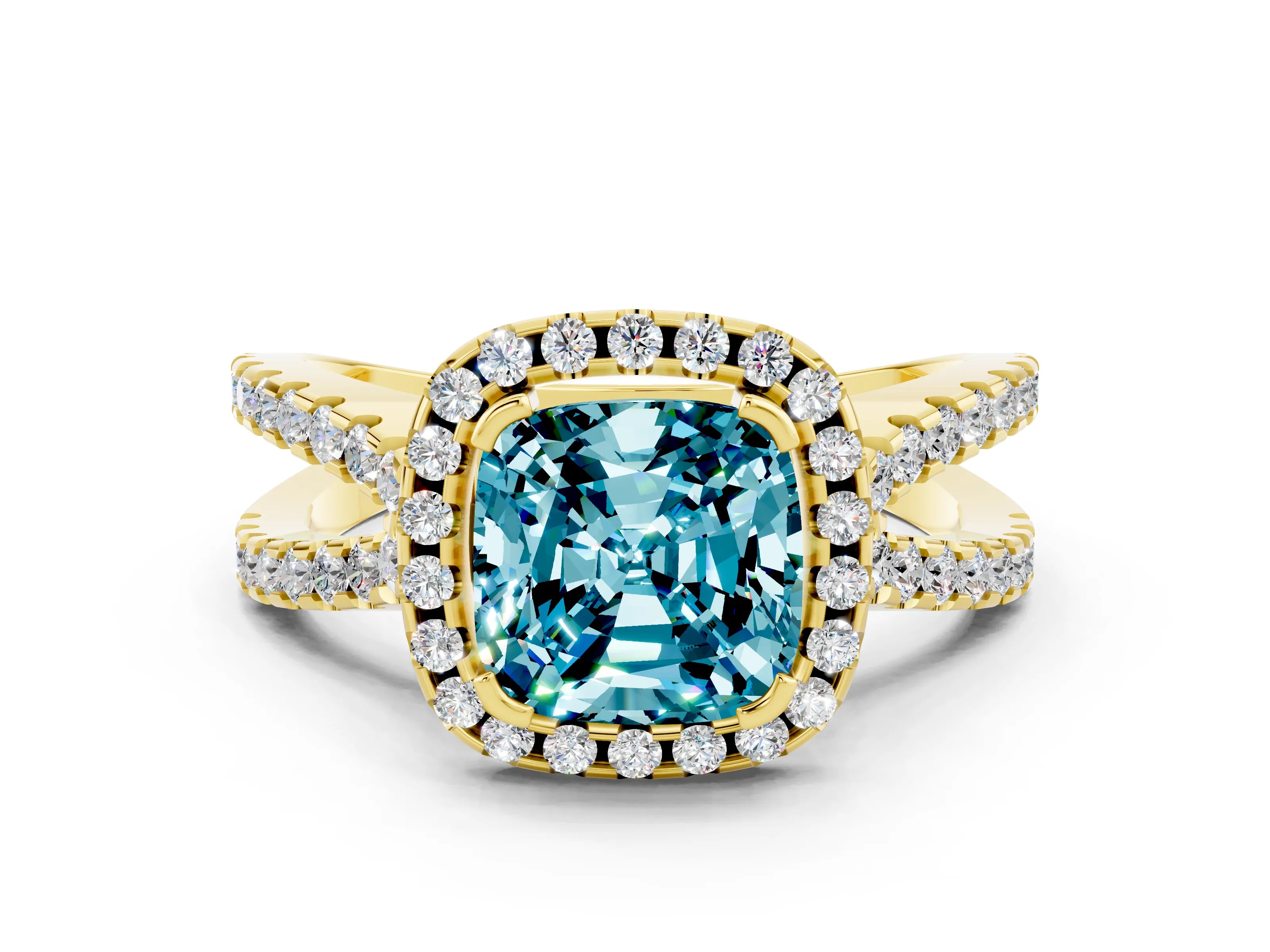 Yellow gold Cushion Cut Blue Topaz Halo Ring with Split Shank Pavé Band and Prong Setting