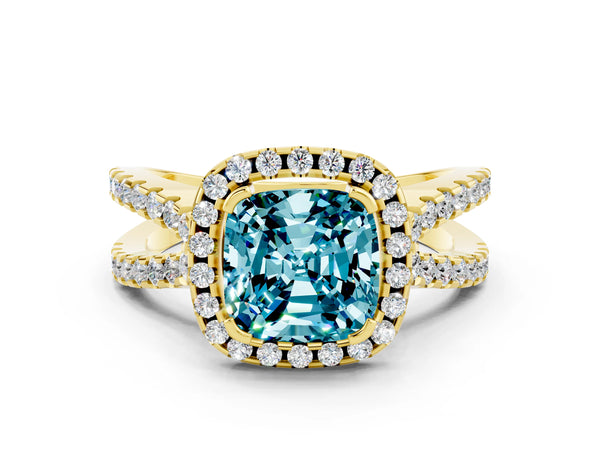 Yellow gold Cushion Cut Blue Topaz Halo Ring with Split Shank Pavé Band and Prong Setting
