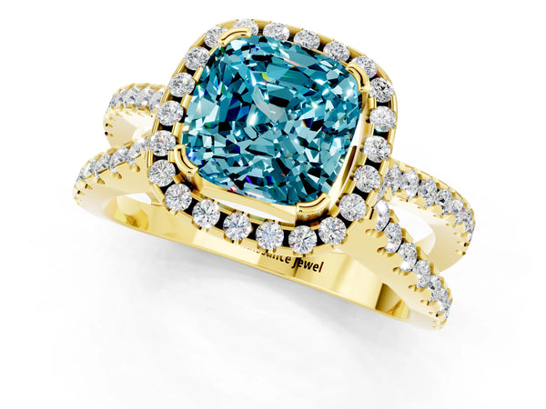 Yellow gold Cushion Cut Blue Topaz Halo Ring with Split Shank Pavé Band and Prong Setting