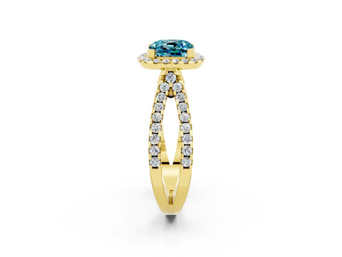 Yellow gold Cushion Cut Blue Topaz Halo Ring with Split Shank Pavé Band and Prong Setting_2