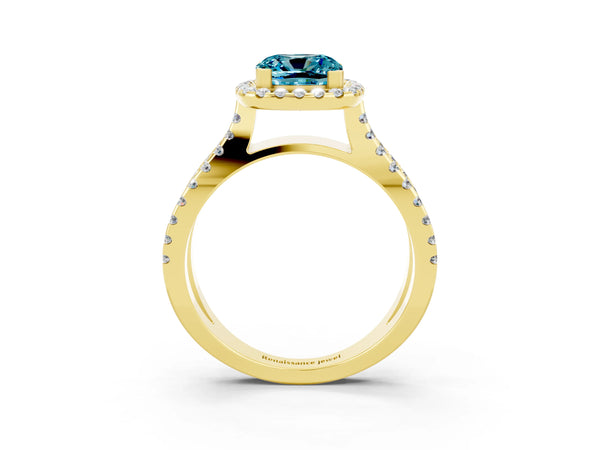 Yellow gold Cushion Cut Blue Topaz Halo Ring with Split Shank Pavé Band and Prong Setting