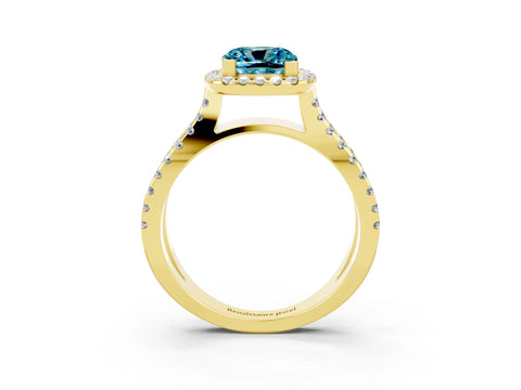 Yellow gold Cushion Cut Blue Topaz Halo Ring with Split Shank Pavé Band and Prong Setting_3