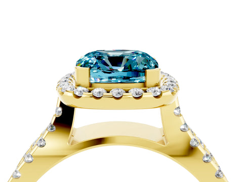 Yellow gold Cushion Cut Blue Topaz Halo Ring with Split Shank Pavé Band and Prong Setting_4