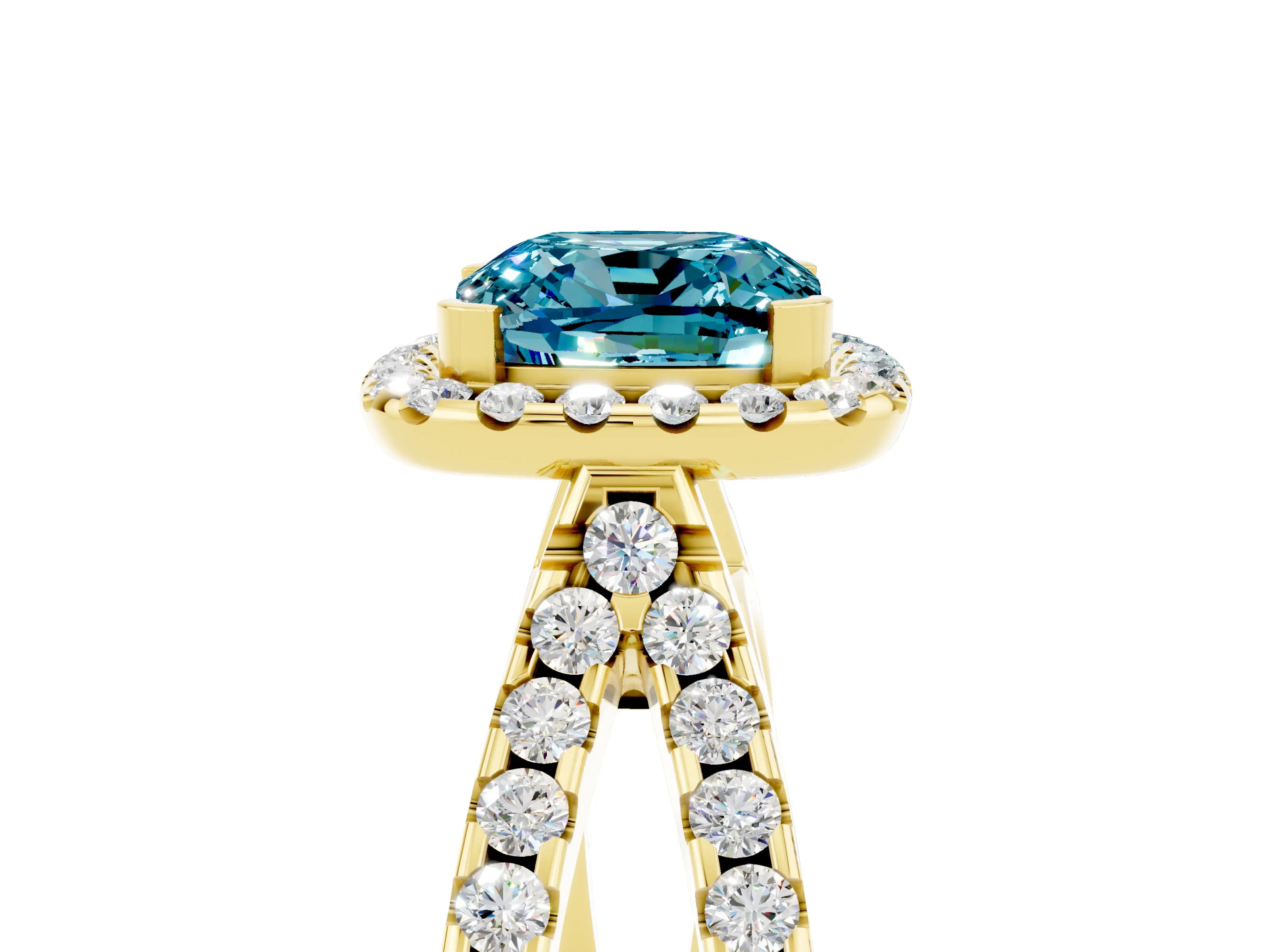 Yellow gold Cushion Cut Blue Topaz Halo Ring with Split Shank Pavé Band and Prong Setting_5