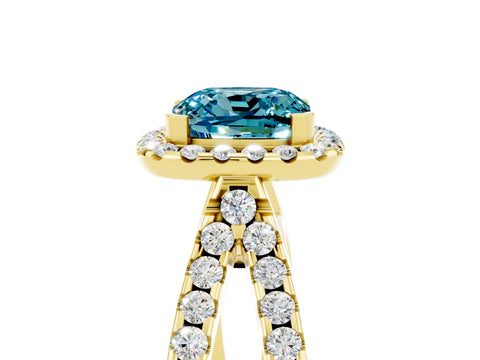Yellow gold Cushion Cut Blue Topaz Halo Ring with Split Shank Pavé Band and Prong Setting_5