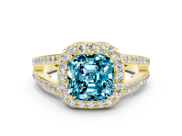Yellow gold Cushion Cut Blue Topaz Halo Ring with Split Shank U-Prong Band and Four-Prong Setting