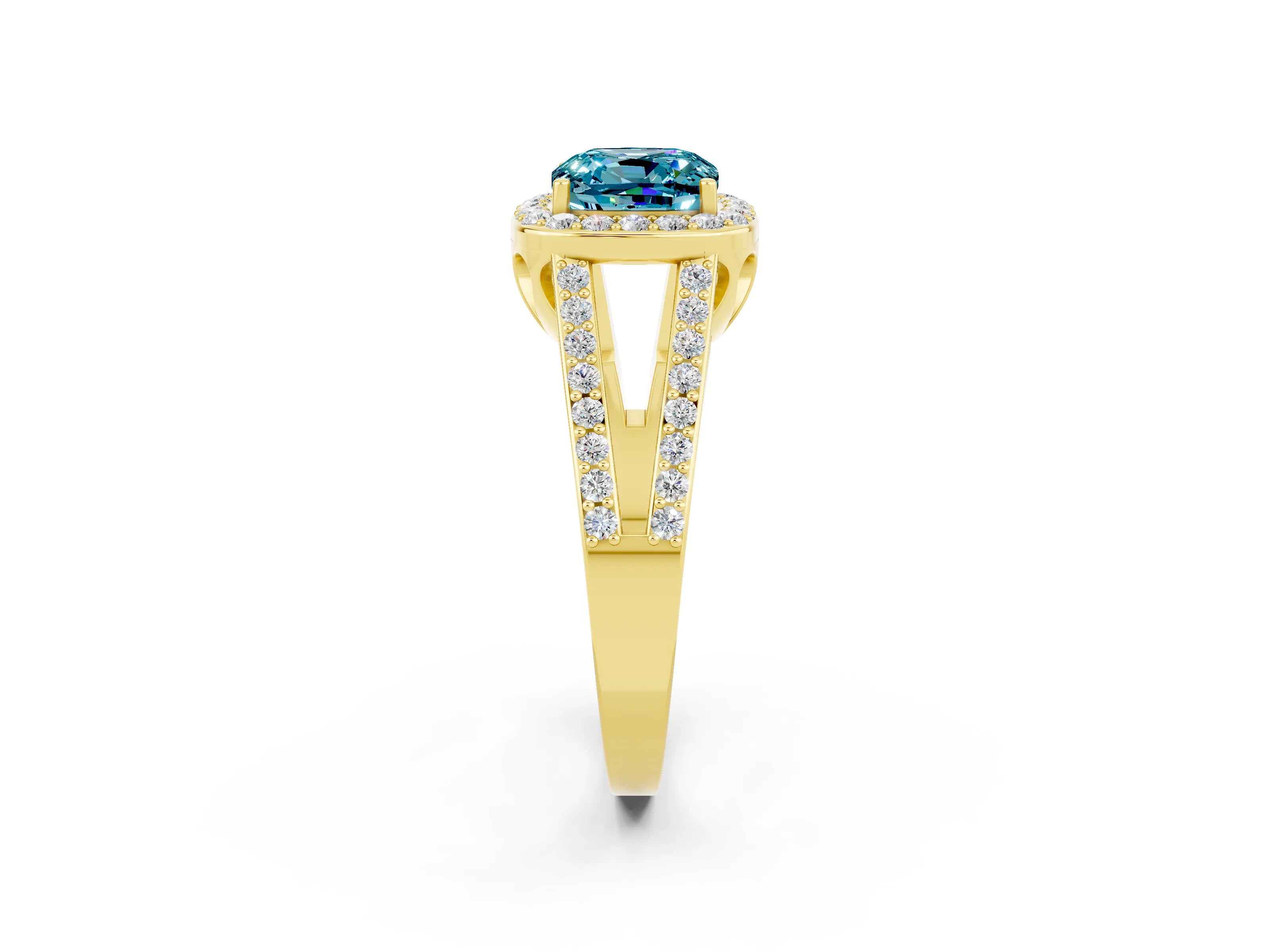 Yellow gold Cushion Cut Blue Topaz Halo Ring with Split Shank U-Prong Band and Four-Prong Setting_2