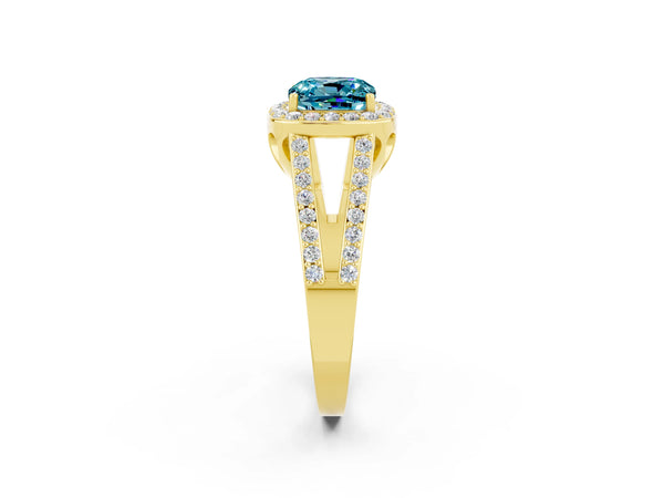 Yellow gold Cushion Cut Blue Topaz Halo Ring with Split Shank U-Prong Band and Four-Prong Setting