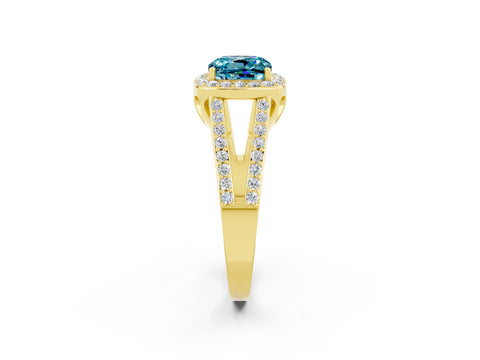 Yellow gold Cushion Cut Blue Topaz Halo Ring with Split Shank U-Prong Band and Four-Prong Setting_2