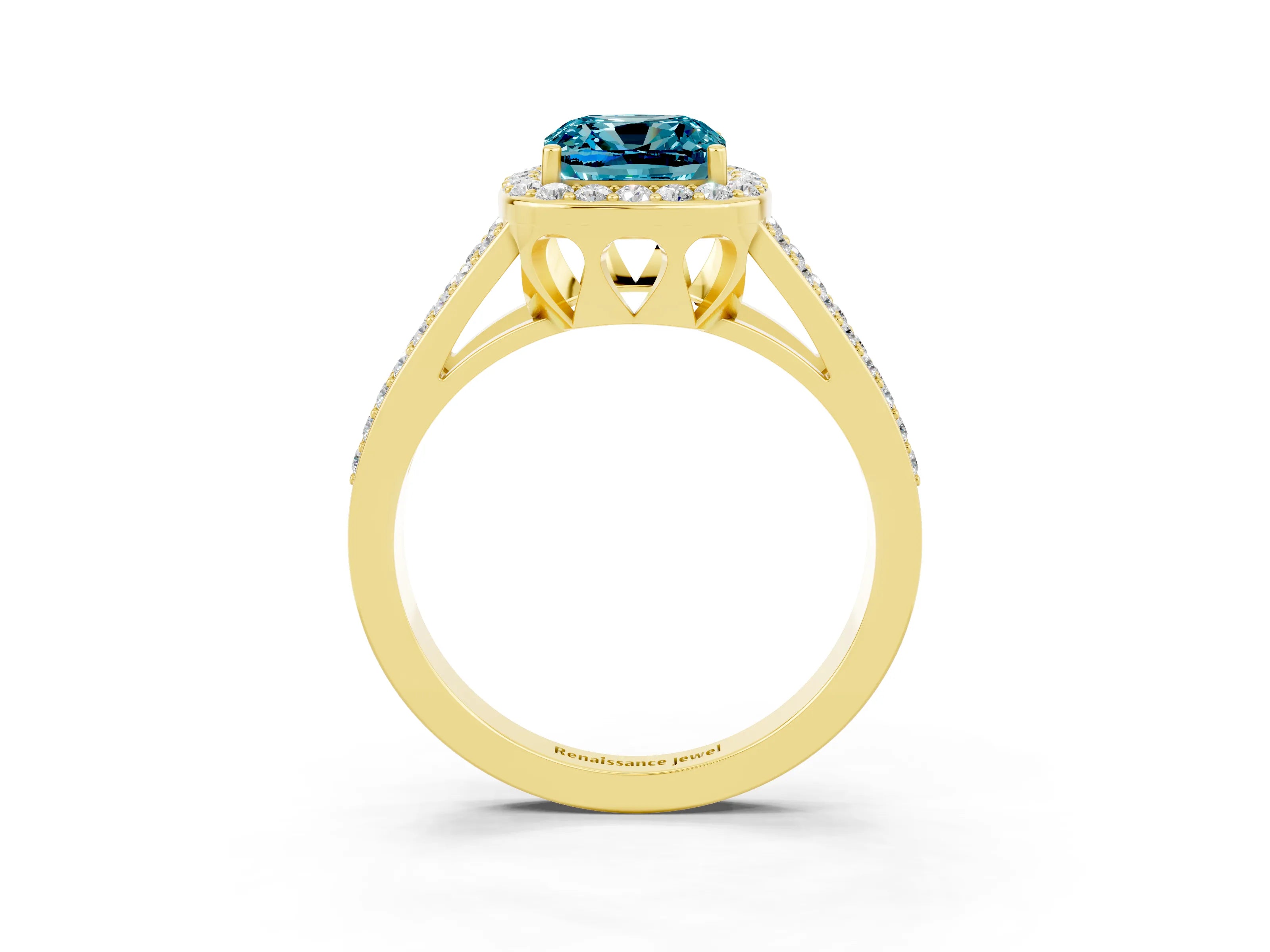 Yellow gold Cushion Cut Blue Topaz Halo Ring with Split Shank U-Prong Band and Four-Prong Setting_3