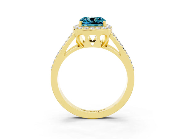 Yellow gold Cushion Cut Blue Topaz Halo Ring with Split Shank U-Prong Band and Four-Prong Setting