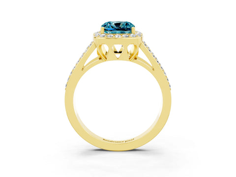 Yellow gold Cushion Cut Blue Topaz Halo Ring with Split Shank U-Prong Band and Four-Prong Setting_3