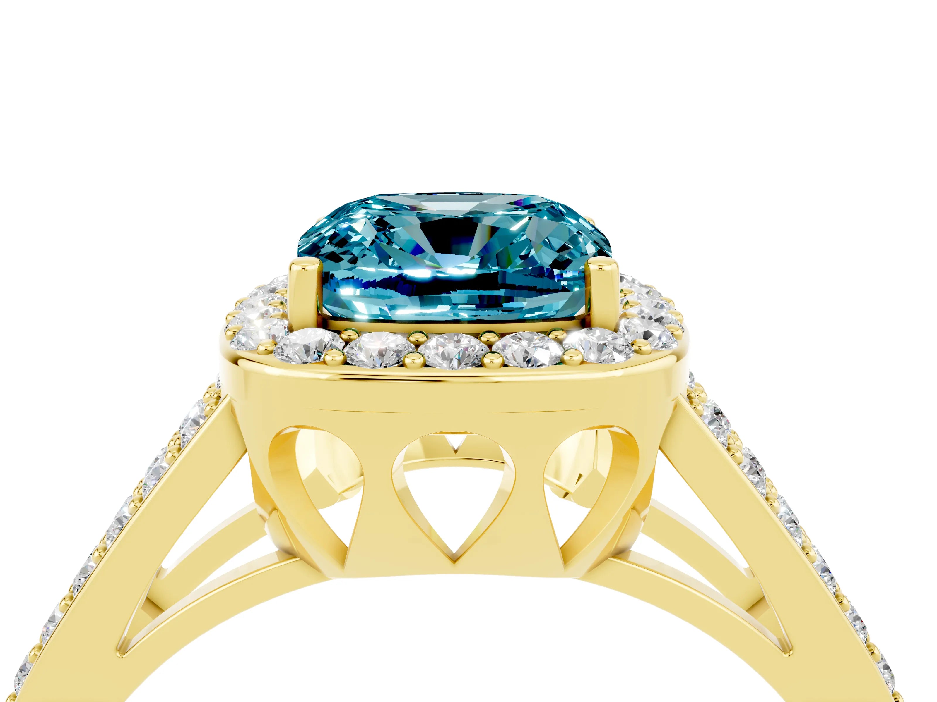 Yellow gold Cushion Cut Blue Topaz Halo Ring with Split Shank U-Prong Band and Four-Prong Setting_4