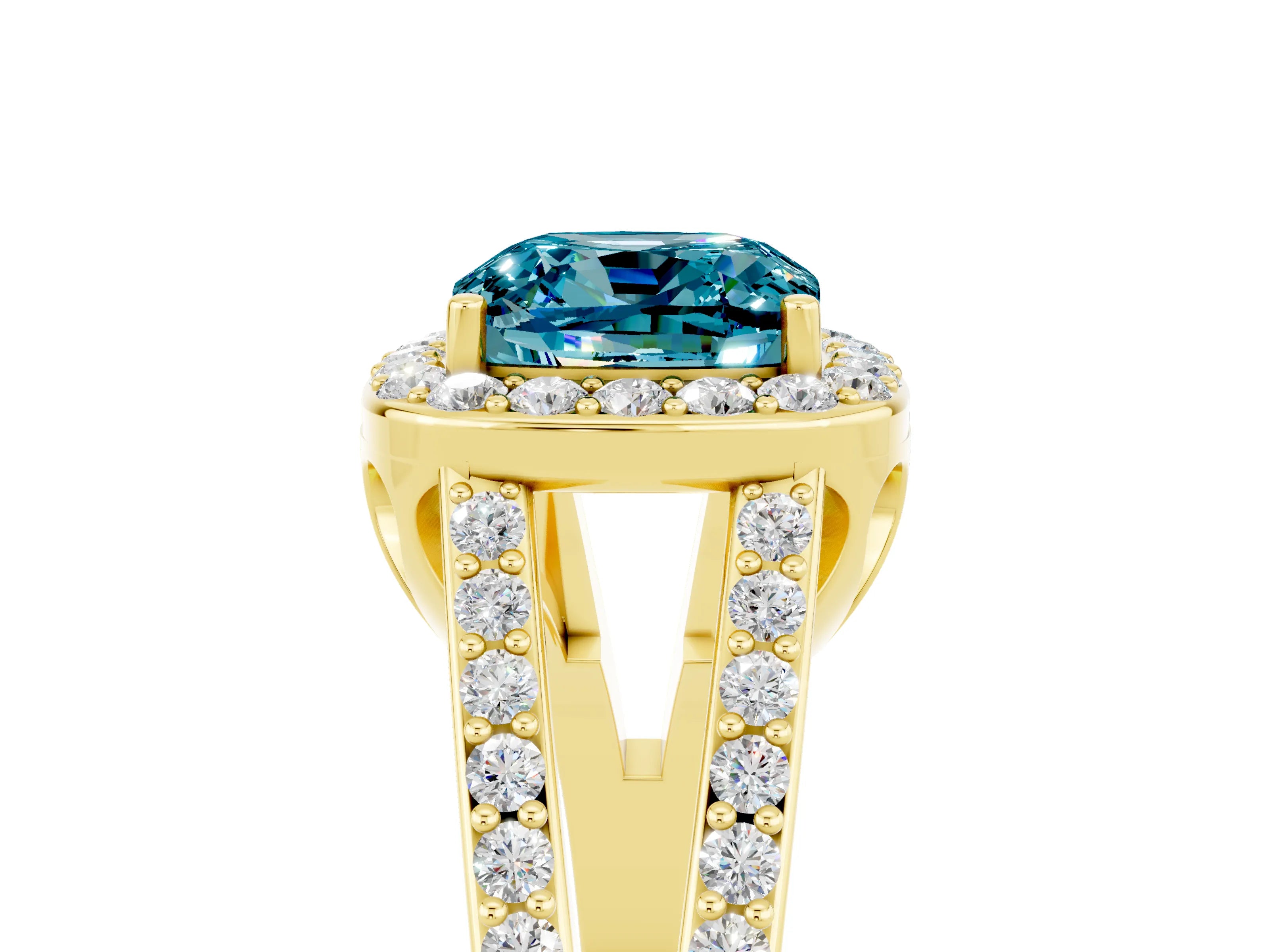 Yellow gold Cushion Cut Blue Topaz Halo Ring with Split Shank U-Prong Band and Four-Prong Setting_5