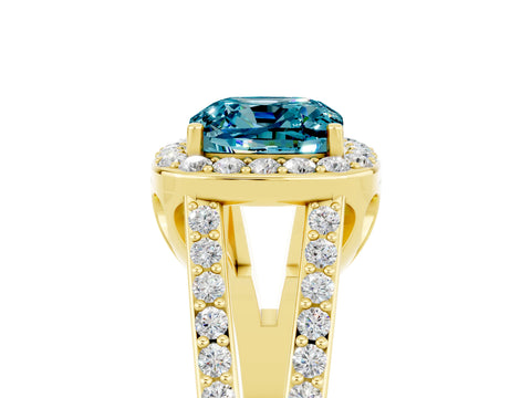Yellow gold Cushion Cut Blue Topaz Halo Ring with Split Shank U-Prong Band and Four-Prong Setting_5