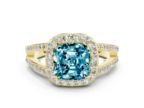 Yellow gold Cushion Cut Blue Topaz Halo Ring with Split Shank U-Prong Band and Four-Prong Setting
