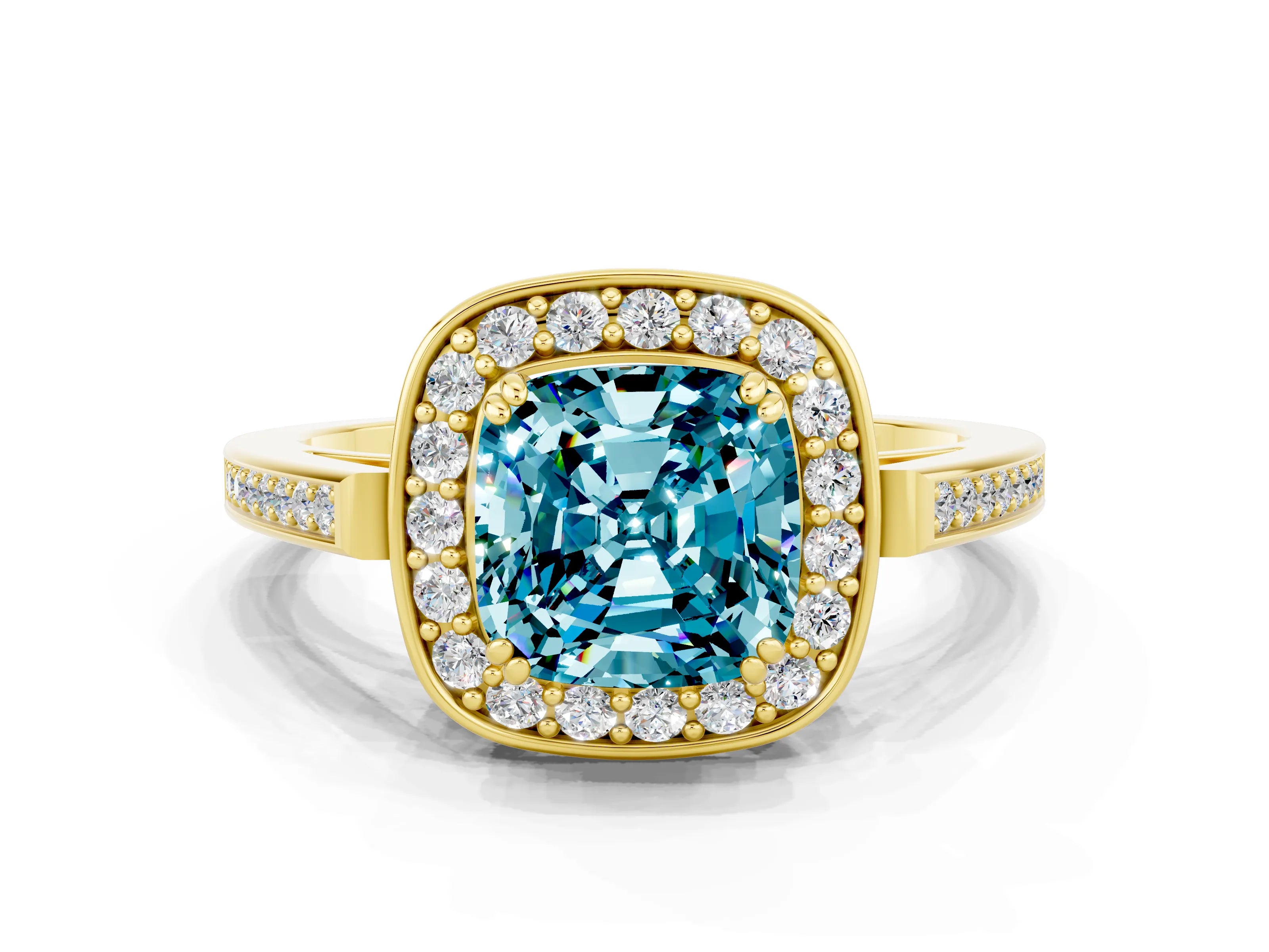 Yellow gold Cushion Cut Blue Topaz Halo Ring with Split Shank and Four-Prong Setting