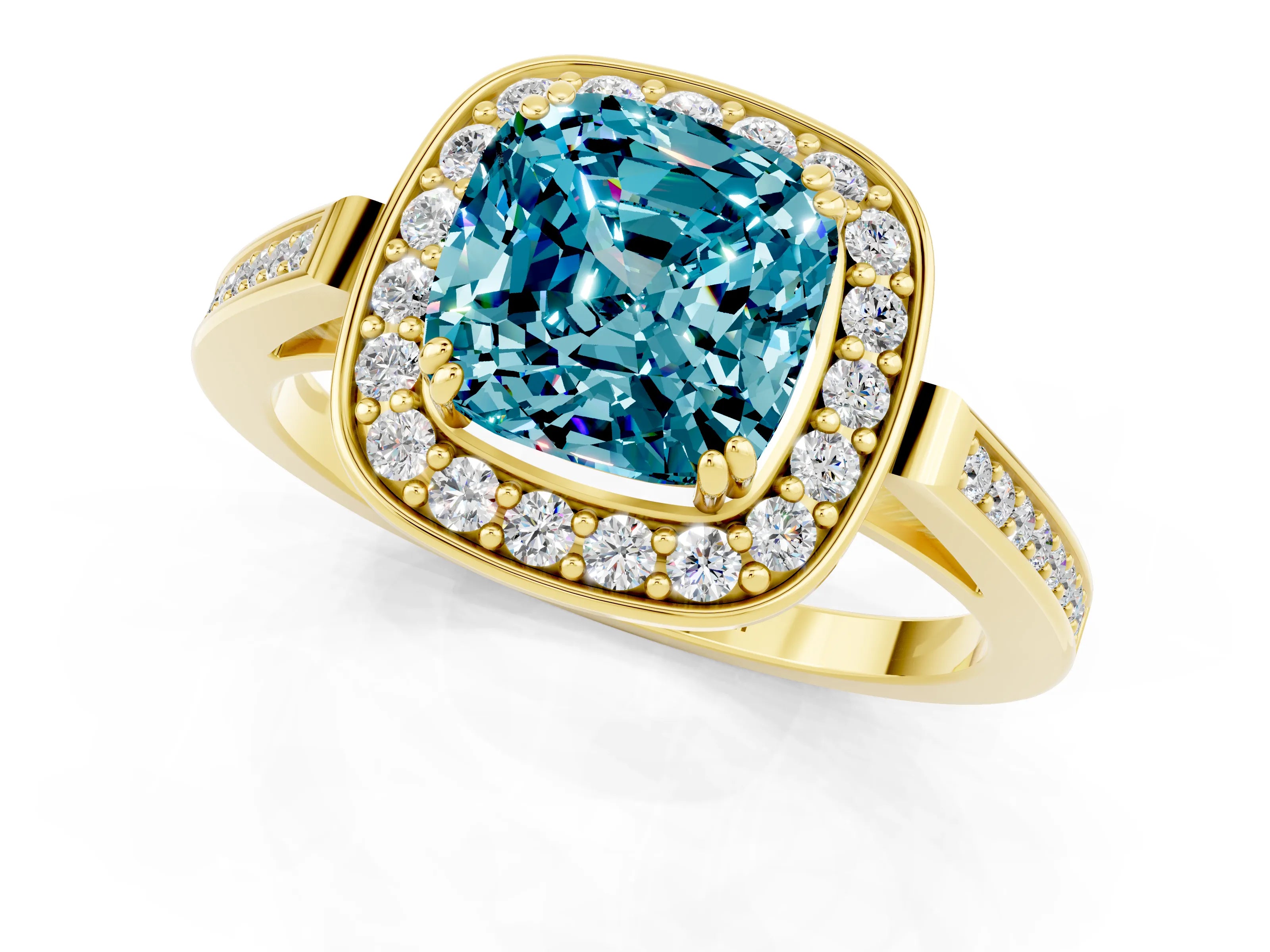 Yellow gold Cushion Cut Blue Topaz Halo Ring with Split Shank and Four-Prong Setting_1