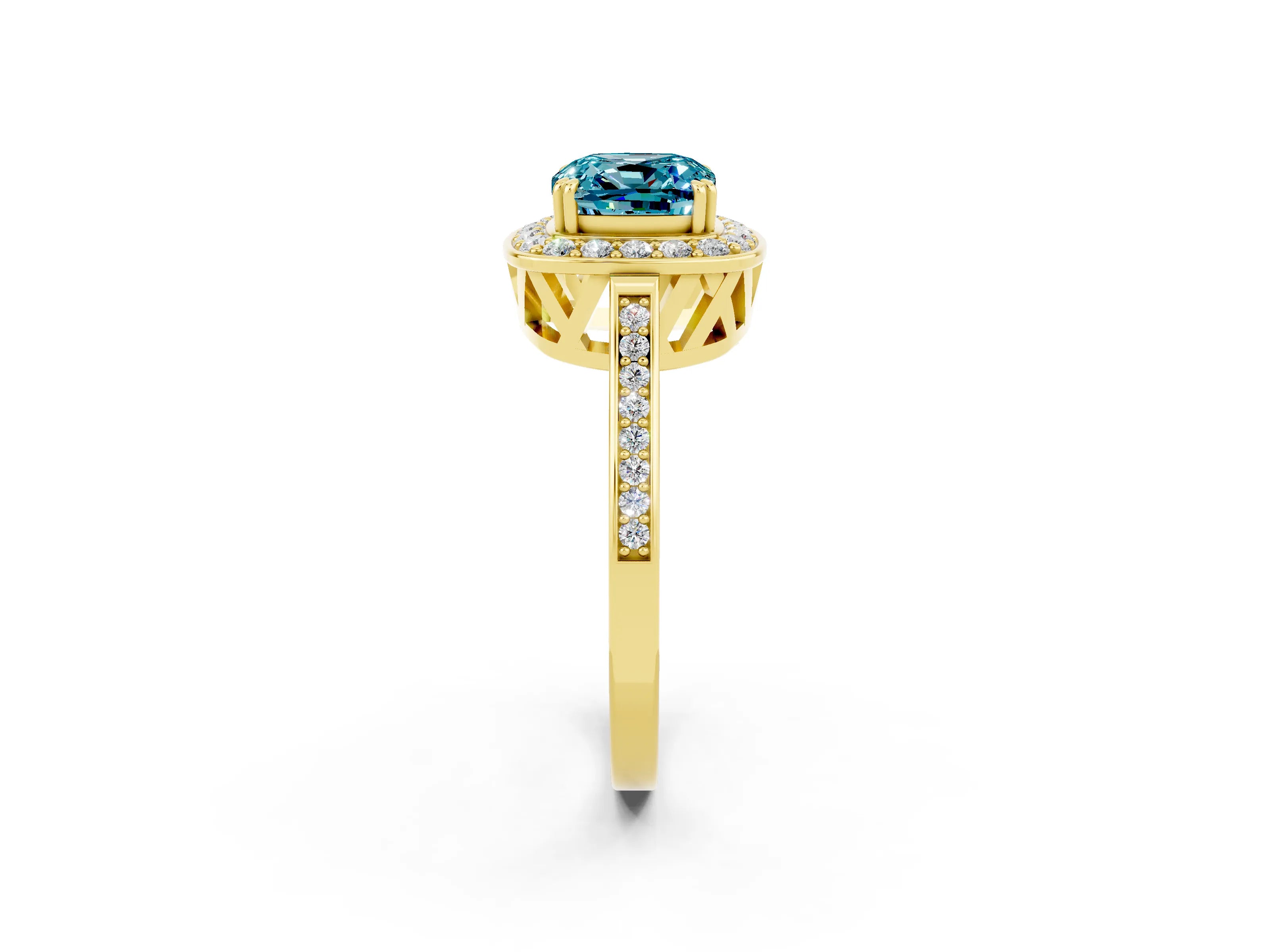 Yellow gold Cushion Cut Blue Topaz Halo Ring with Split Shank and Four-Prong Setting_2