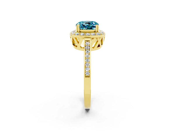 Yellow gold Cushion Cut Blue Topaz Halo Ring with Split Shank and Four-Prong Setting