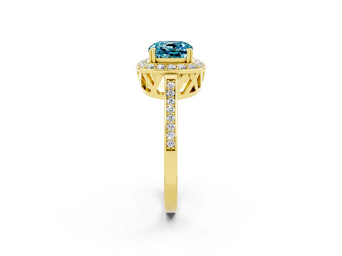 Yellow gold Cushion Cut Blue Topaz Halo Ring with Split Shank and Four-Prong Setting_2