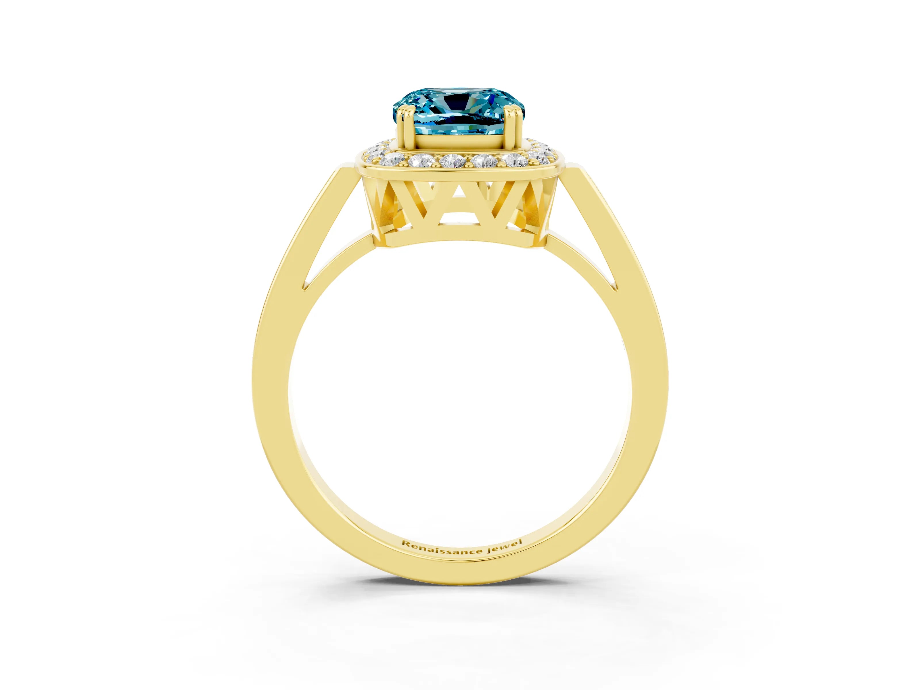 Yellow gold Cushion Cut Blue Topaz Halo Ring with Split Shank and Four-Prong Setting_3