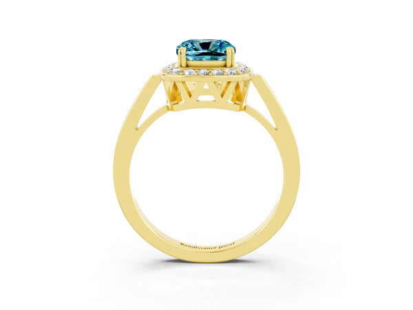 Yellow gold Cushion Cut Blue Topaz Halo Ring with Split Shank and Four-Prong Setting