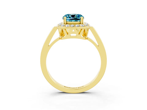 Yellow gold Cushion Cut Blue Topaz Halo Ring with Split Shank and Four-Prong Setting_3