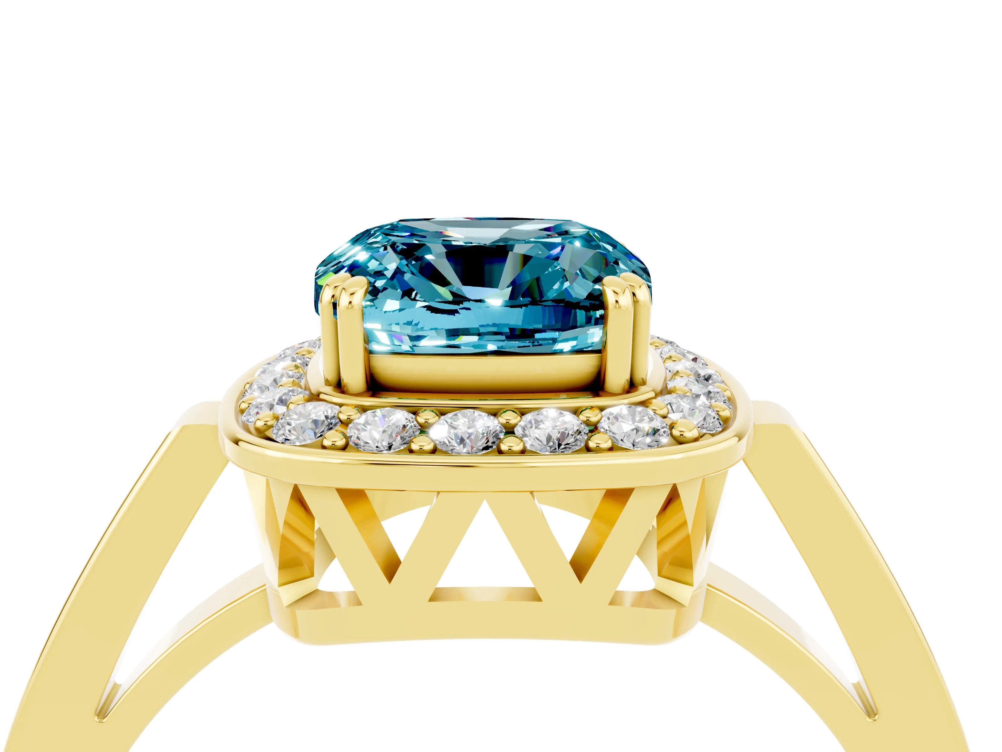 Yellow gold Cushion Cut Blue Topaz Halo Ring with Split Shank and Four-Prong Setting_4