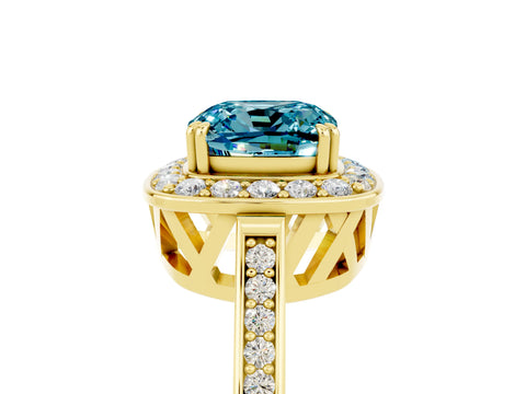 Yellow gold Cushion Cut Blue Topaz Halo Ring with Split Shank and Four-Prong Setting_5