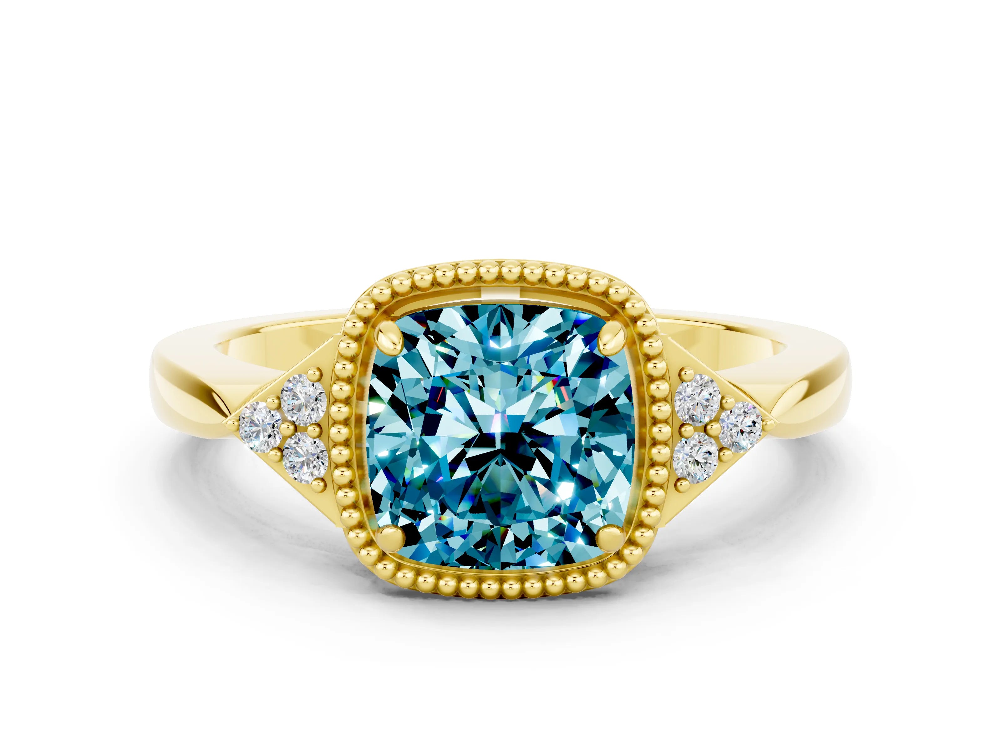 Yellow gold Cushion Cut Blue Topaz Halo Ring with Tapered Band and Four-Prong Setting