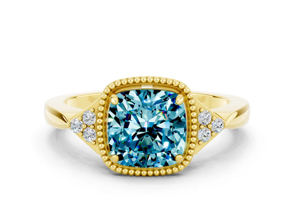 Yellow gold Cushion Cut Blue Topaz Halo Ring with Tapered Band and Four-Prong Setting