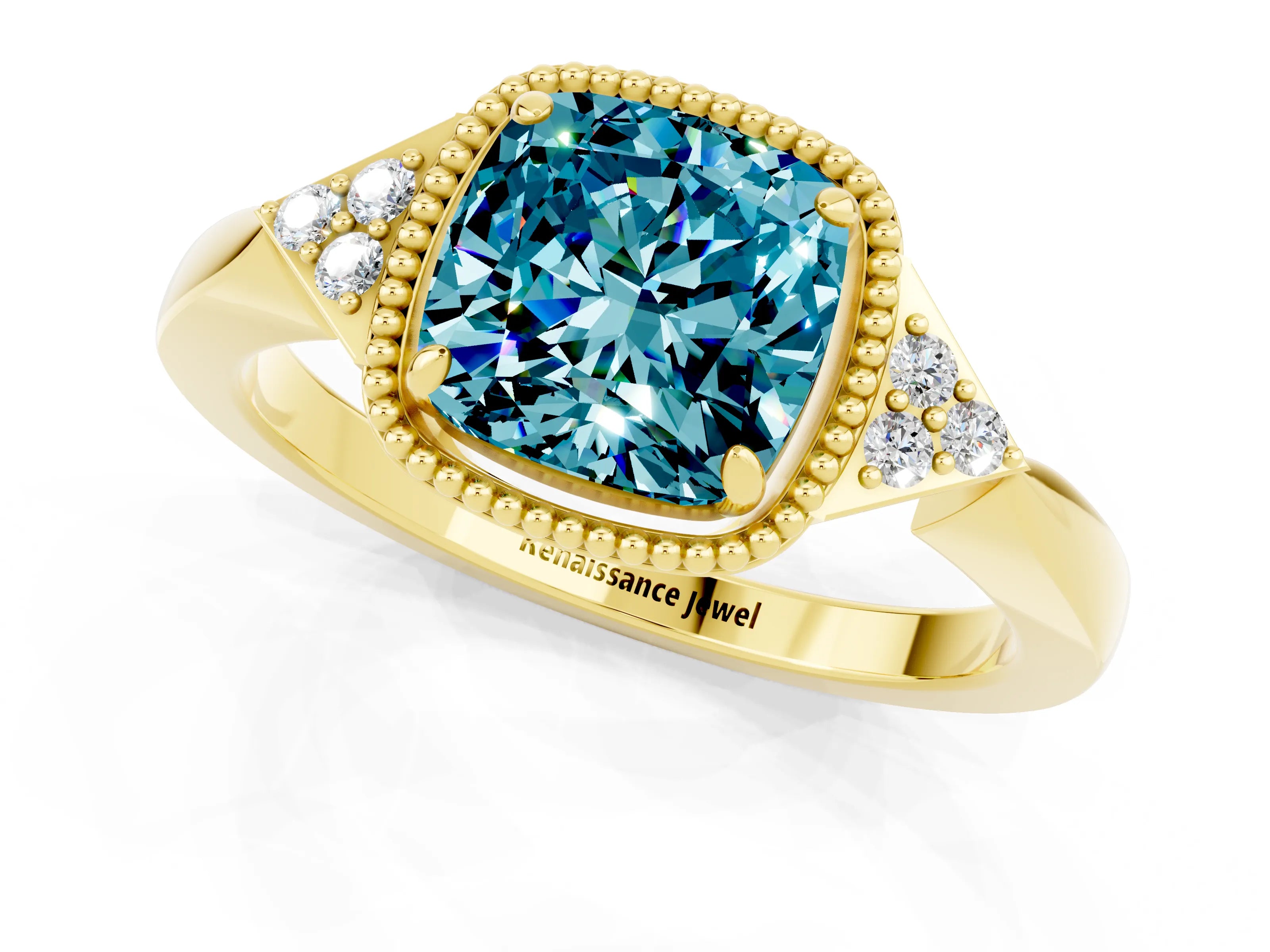Yellow gold Cushion Cut Blue Topaz Halo Ring with Tapered Band and Four-Prong Setting_1