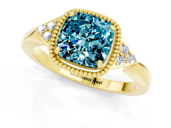 Yellow gold Cushion Cut Blue Topaz Halo Ring with Tapered Band and Four-Prong Setting