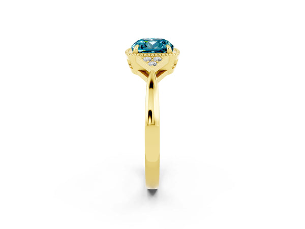 Yellow gold Cushion Cut Blue Topaz Halo Ring with Tapered Band and Four-Prong Setting