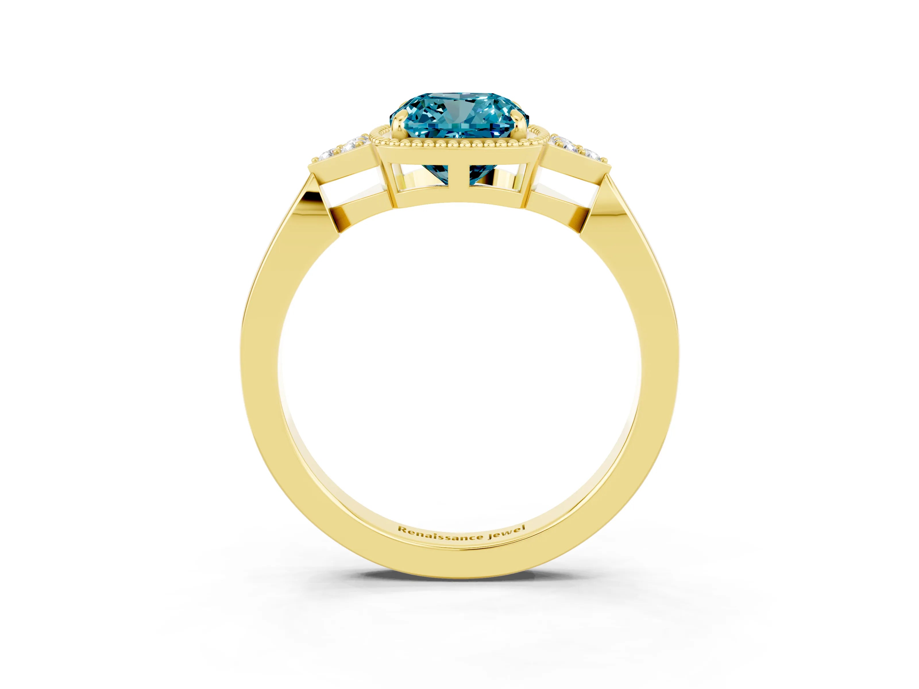 Yellow gold Cushion Cut Blue Topaz Halo Ring with Tapered Band and Four-Prong Setting_3