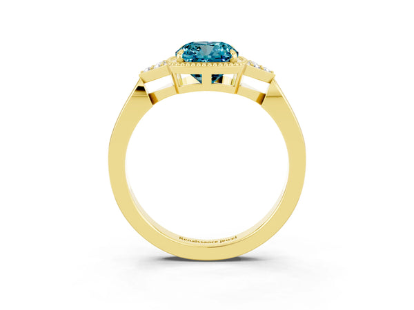 Yellow gold Cushion Cut Blue Topaz Halo Ring with Tapered Band and Four-Prong Setting