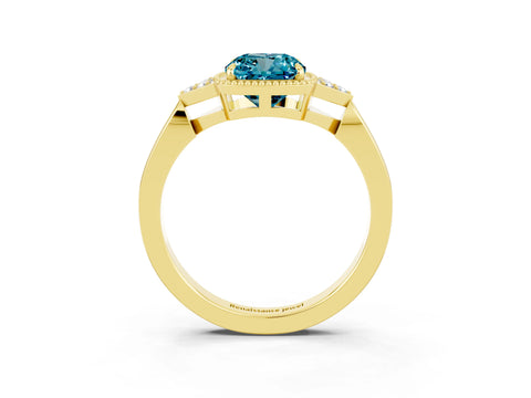 Yellow gold Cushion Cut Blue Topaz Halo Ring with Tapered Band and Four-Prong Setting_3