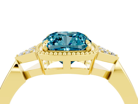 Yellow gold Cushion Cut Blue Topaz Halo Ring with Tapered Band and Four-Prong Setting_4