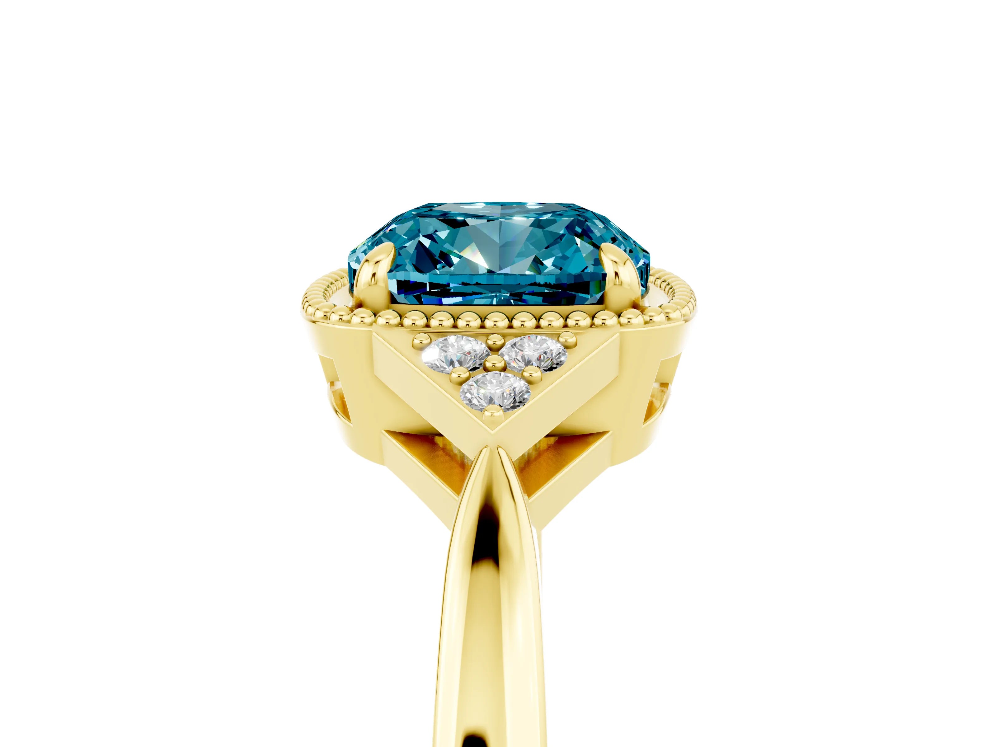 Yellow gold Cushion Cut Blue Topaz Halo Ring with Tapered Band and Four-Prong Setting_5