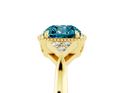 Yellow gold Cushion Cut Blue Topaz Halo Ring with Tapered Band and Four-Prong Setting_5