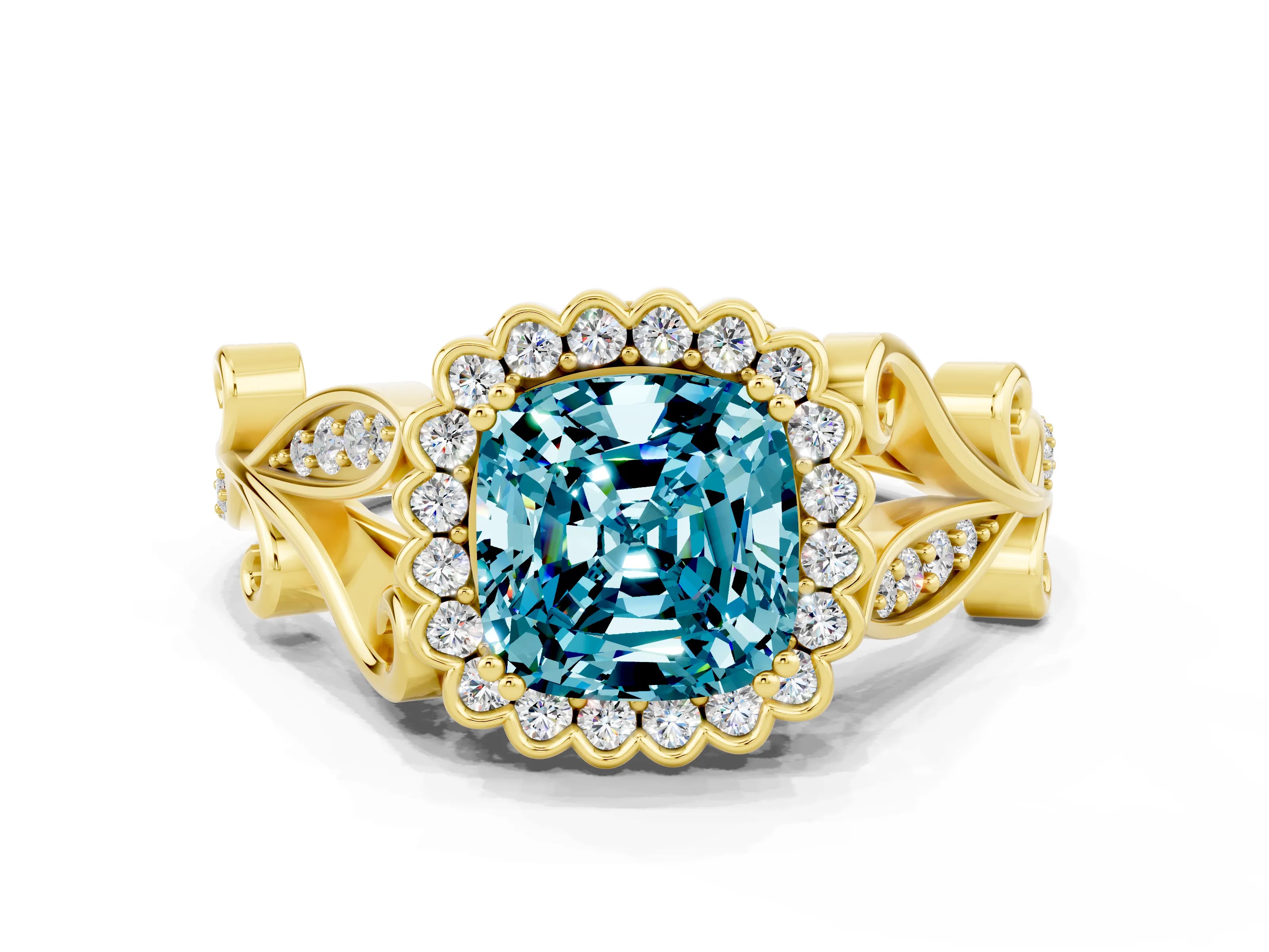 Yellow gold Cushion Cut Blue Topaz Halo Ring with Vintage Split Shank and Four-Prong Setting